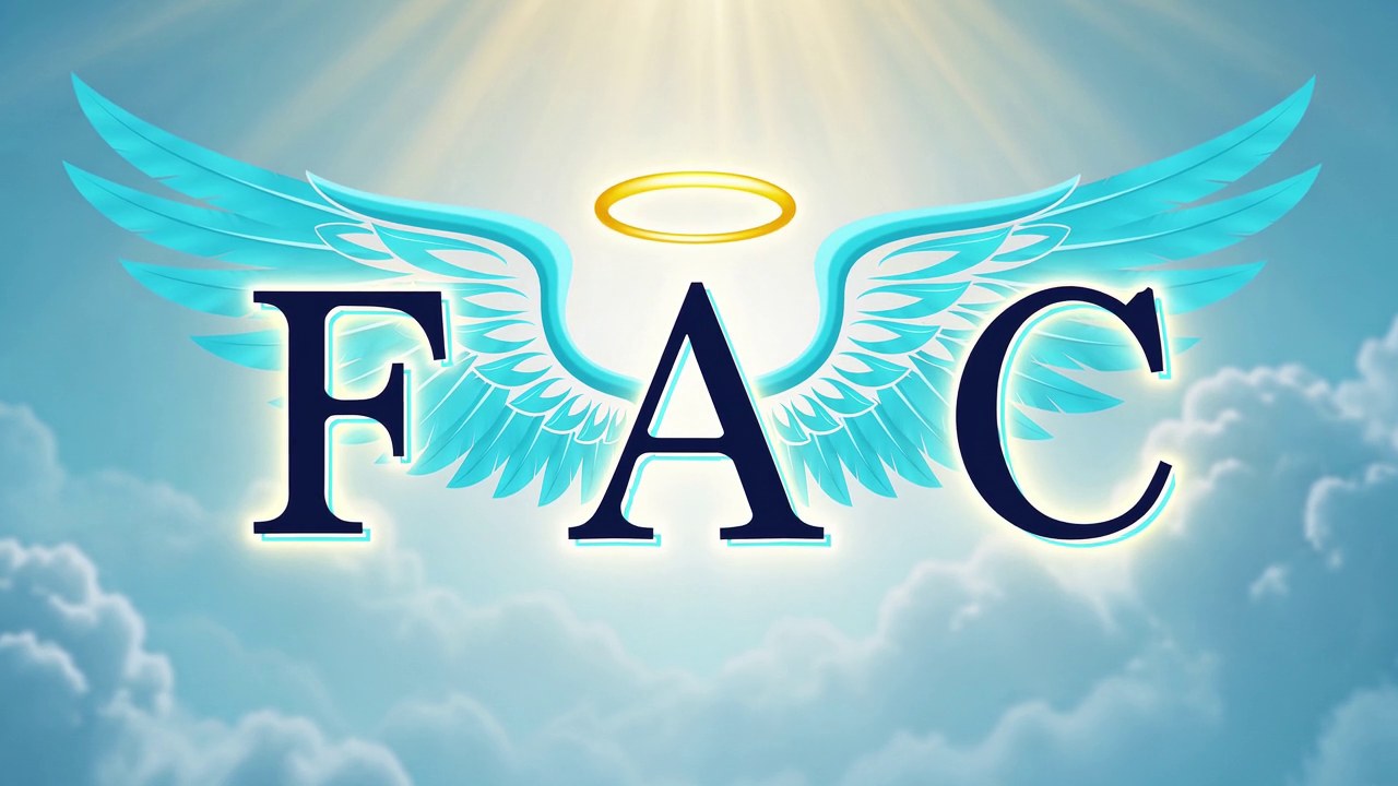 Letras F, A, C com asas azuis e auréola dourada sobre um céu angelical